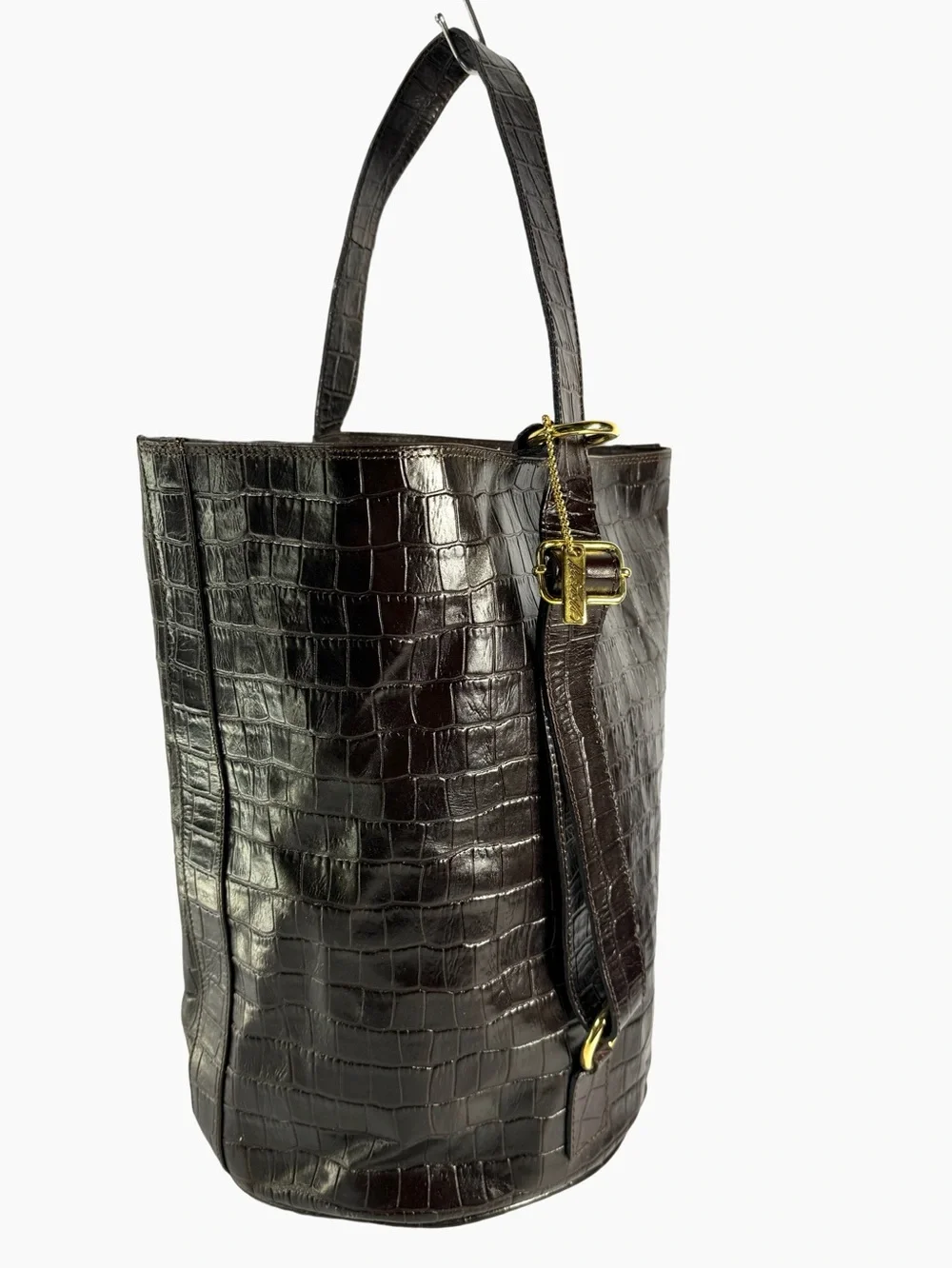Lord & Taylor Croc-Embossed Leather Bucket Shoulder Bag - Dark Brown